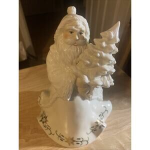 Palm Tree Ivory, Gold, Green 2002 Porcelain Santa Music Box - "Joy to the world"